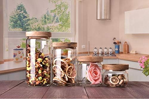 250ML 8.5OZ Glass Storage Container jars with Sealed Wooden Lids Glass Canister Kitchen Food Storage Containers for Coffee Beans Loose Tea Leaves Nuts Sugar Candy Spice Cookies