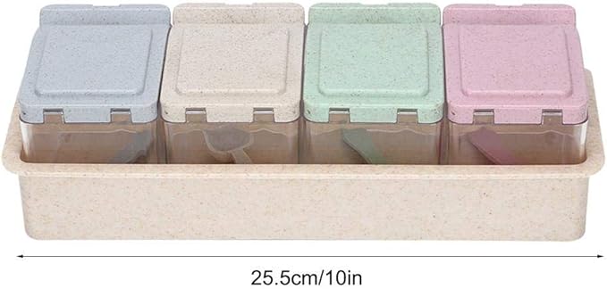 4-Grids Spice Jars, Transparent Seasoning Box Pepper Salt Seasoning Can Pot with Spoon for Home Kitchen