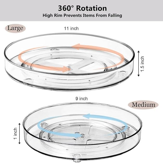 Amolliar Lazy Susan Turntable Organizer, 9"+11" 4 Pack, Rotating Tray for Kitchen, Fridge, Pantry Organizer Storage, Cabinet, Closet, Bathroom Vanity Makeup, Condiment Spice Rack, Under Sink Organizer