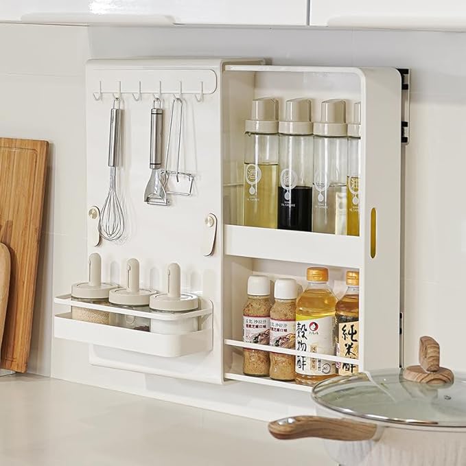 Carbon Steel Wall Mounted Kitchen Storage Pull Out Durable Slide Out Spice Racks Organizer,Two way movement,No drill Wall Mounted,Three silent sliders design, High-end Condiment Rack