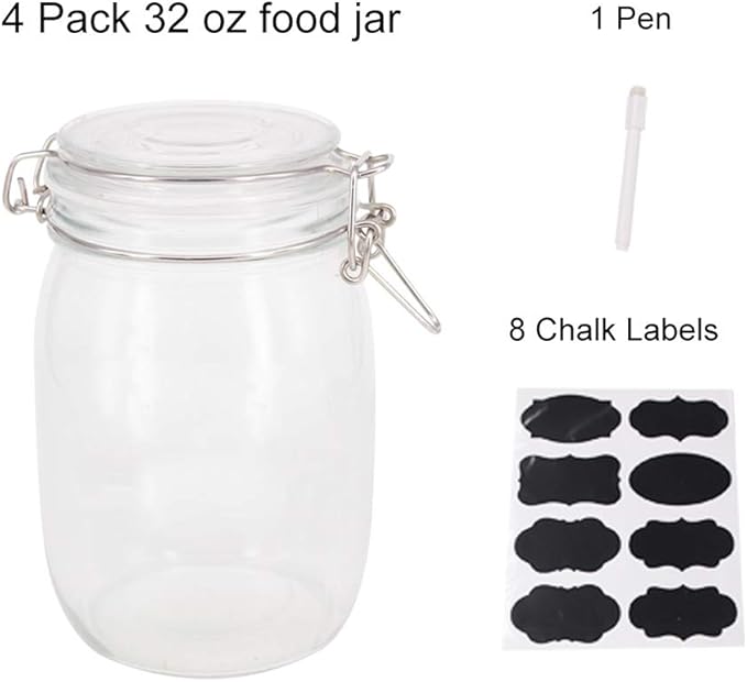 4 Pack 32 oz Glass Jars With Airtight Lids And Leak Proof Rubber Gasket, Wide Mouth Mason Jars with Hinged Lids for Food Storage, Cereal, Pasta, Sugar, Beans, Pickle Jars, Kitchen Canisters