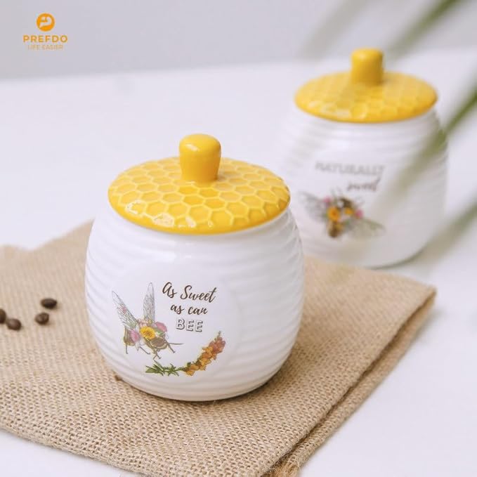 Ceramic Sugar Jar Sugar Bowl with Lid Kitchen Storage Canisters Honey Bee & Flower Pattern Candy Jar for Kitchen Counter Coffee Bar Party Table, 400ml/14oz