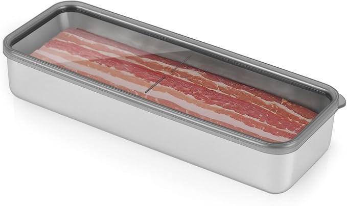 Bacon Container for Refrigerator,1Pack Bacon Holder for Fridge,Deli Meat Box for Fridge,304SS Airtight Food Storage Container,Stackable Refrigerator Organizer with Locking Lid (BPA Free)
