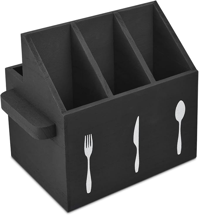 Ikee Design Wooden Utensil Caddy with Handles, Silverware Caddy, Silverware Holder for Countertop,Party,Camping and Kitchen, Organizer, Picnic Cutlery Holders, Black Color