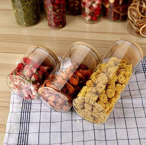 Glass Food Storage Jar Canister - Cylinder Airtight Kitchen Container with Natural Wood Lid for Tea Dry Fruit Nuts Candy Seasoning Spaghetti Coffee Bean Clear Sealing size 250ML/8.5oz