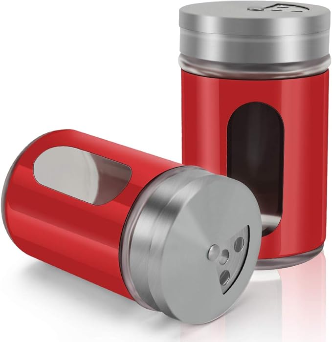 Accmor 2pcs Salt and Pepper Shakers,Stainless Steel Shaker for Salt Powder Sugar Cinnamon Pepper, Spice Dispenser with Adjustable Pour Holes,Red