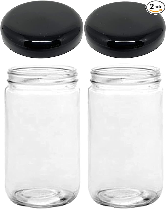 Jarming Collections Mason Jars - 32 oz Glass Storage Jars with Extra Wide Mouth Lids, BPA Free and Food Safe - Set of 2 with 2 Black Dome Plastic Lids