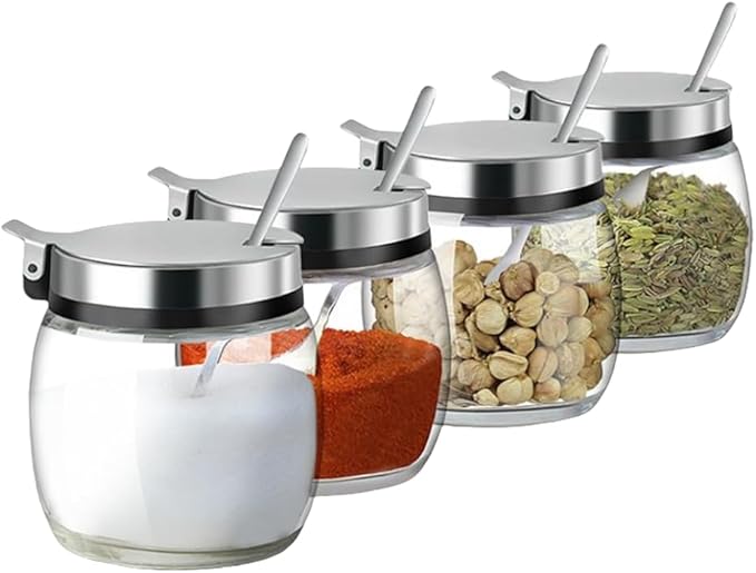 Hewnda 2Pcs Sugar Salt Container Set,8 oz glass jar with lid and spoon for storing condiments,coffee,sugar cubes,spices and more