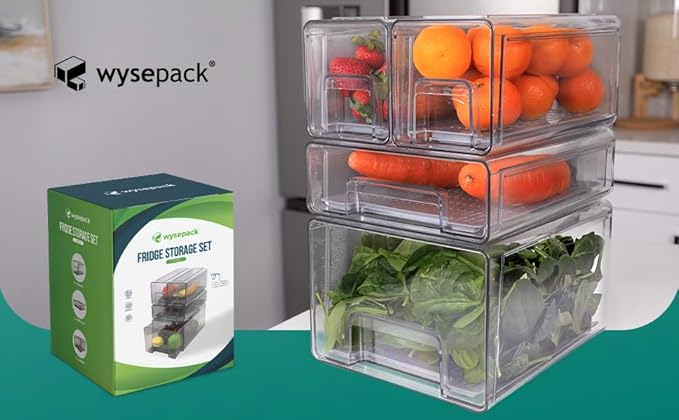 4-Pack - Fridge Organizer Bins - Stackable Fridge Organization with Drawers, Water Collection Insert, Easy Access Refrigerator Organizers and Storage