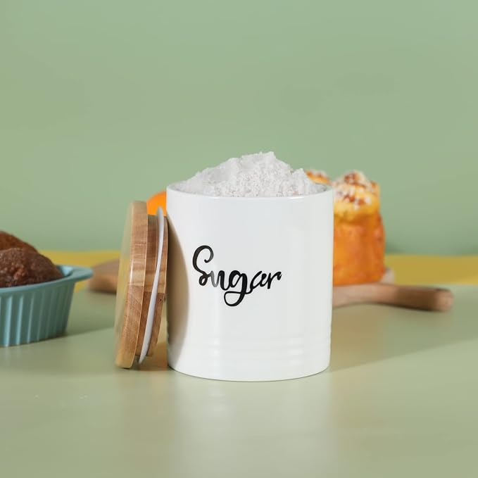 LEETOYI Porcelain Food Storage Containers with Lid, 4.5 Inch 31oz White, Labeled Sugar