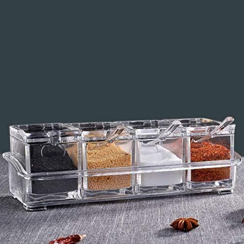 Clear Seasoning Rack Spice Pots by AIQI - 4 Piece Acrylic Seasoning Box - Storage Container Condiment Jars - Cruet with Cover and Spoon
