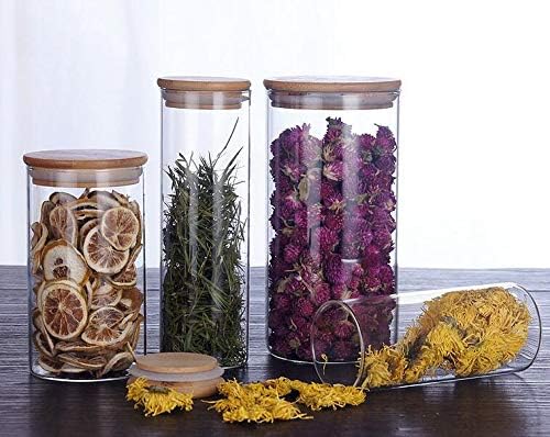 Glass Food Storage Jar Canister - Cylinder Airtight Kitchen Container with Natural Wood Lid for Tea Dry Fruit Nuts Candy Seasoning Spaghetti Coffee Bean Clear Sealing size 250ML/8.5oz