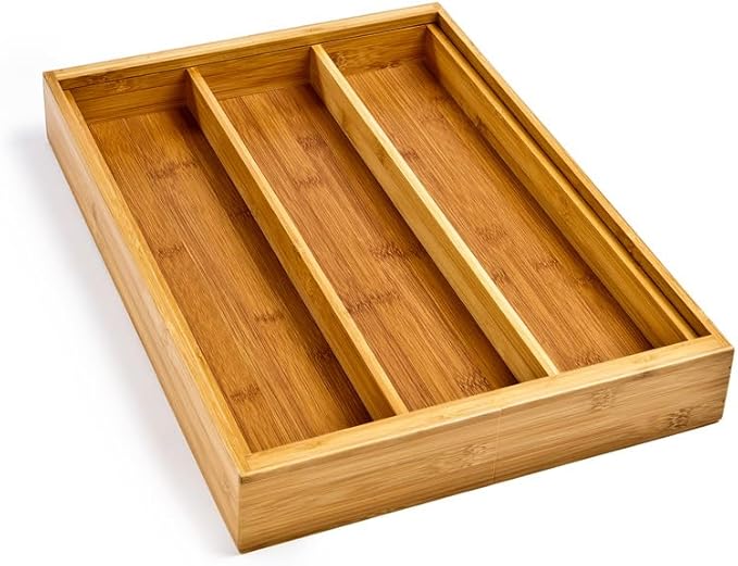 Seville Classics Bamboo Premium Organizer Storage Bins for Kitchen Silverware, Pantry, Closet, Office Desk, Pens, Utensils, Makeup, K Cup, Bamboo, Expandable Tray (5 Compartment)