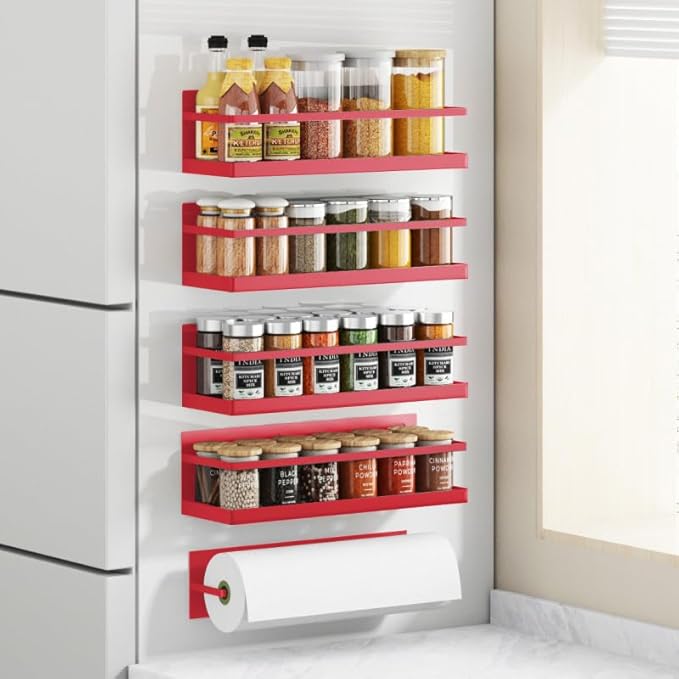 Magnetic Spice Rack For Refrigerator Magnetic Fridge Shelf For Kitchen Red 4 Pack With Magnetic Paper Towel Holder