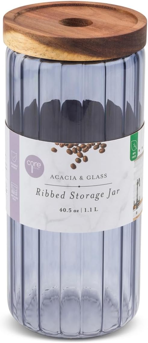 Core Home & Kitchen Lilac Haze Ribbed Storage Jar With Acacia Wooden Lid 40.5 ounce Glass Cannister For Canning, Coffee, Flower Sugar, Beans, Herbs