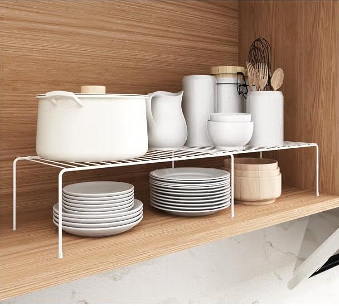 iPEGTOP Expandable Freezer Cabinet Storage Shelf, 2 Pieces Rustproof Spice Rack, Adjustable Kitchen Organizer Counter Fridge Pantry Shelf Space Saver (White)