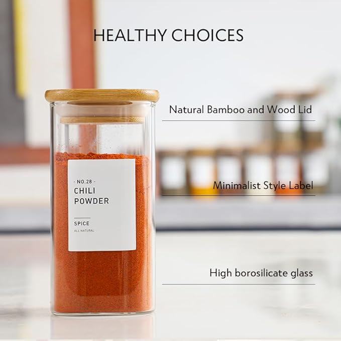 12Pcs Glass Spice Jars with Bamboo Airtight Lids, 10oz Spice Containers with 340 Preprinted Spice Labels of White and Black Color, Empty Seasoning Containers for Spice Salt Sugar Herb