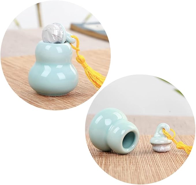 2Pcs Mini Ceramic Gourd Bottle Canisters Empty Portable Travel Loose Tea Pot Jar Contanier for Storage Spices Powder Cream Lotion Loose Tea, Deep Blue