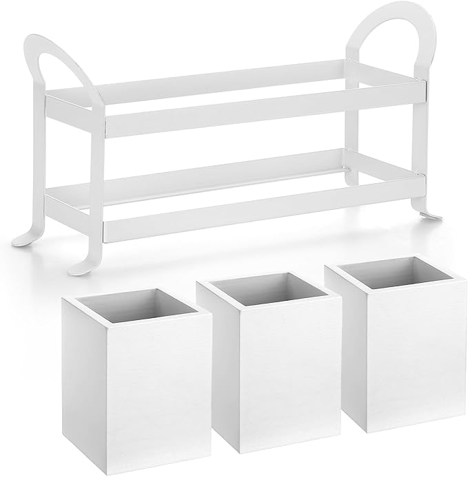 Wooden Utensil Caddy, Wood Silverware Holder with 3 Compartment, Farmhouse Kitchen Flatware Organizer with Metal Portable Handle, Utensil Cutlery Organizer for Forks Spoons Knives, White