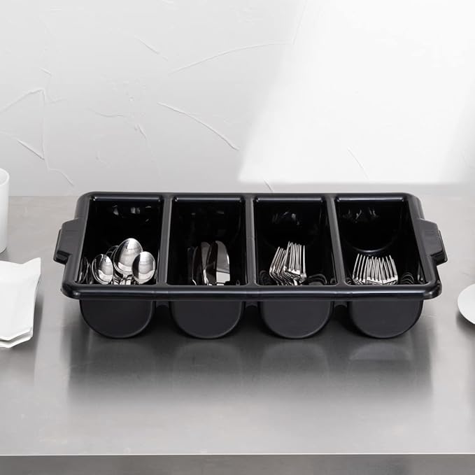 Restaurantware-21.9 x 14.2 x 3.5 Inch Silverware Organizer, 1 Crack-Resistant Cutlery Tray - 4 Compartments, Built-In Handles, Black Plastic Utensils Drawer Holder, For Kitchen Organization