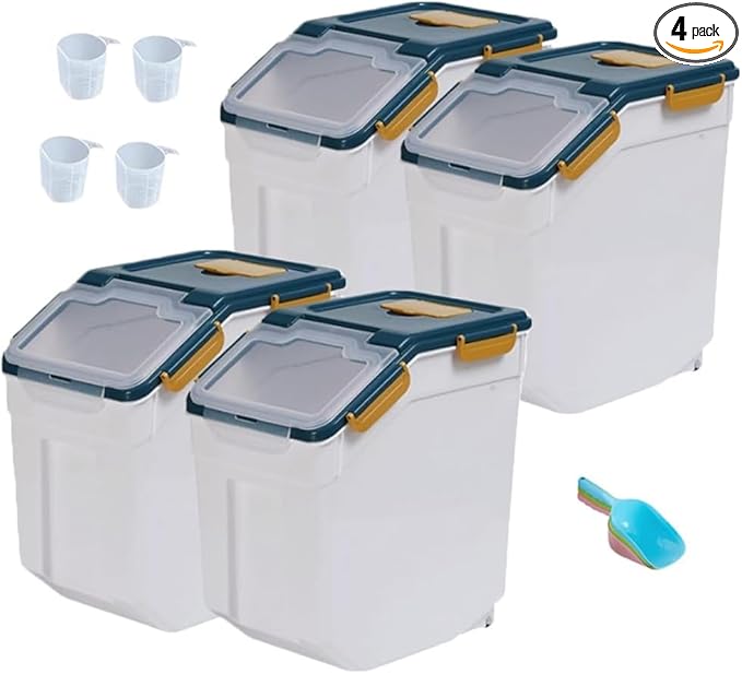 YXQ 25LB Large Flour Storage Container Bin,4 Pack Airtight Plastic with Wheels Seal Locking Lid Dispenser Organizer Storage Bin with Measuring Cup & Scoop for Flour, Rice, Grain 100LBS Total