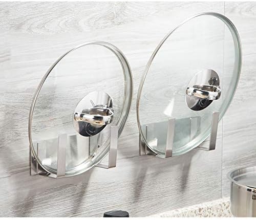 Pot Lid Rack, Wall Mounted 304 Stainless Steel Pan Lid Organizer Holder, 3M Self Adhesive, Kitchen Cooking Utensil Tool (Silver, Set of 2)
