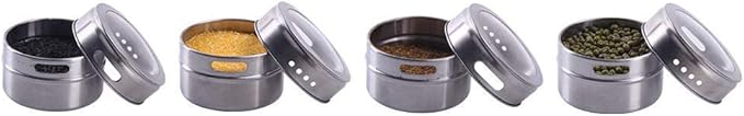 12 Powerful Magnetic Spice Tins- Stainless Steel Spice Storage Containers, Kitchen Spice Jars with Clear Lid with Sift & Pour, Rack Magnetic on Fridge, 120 Spice Labels