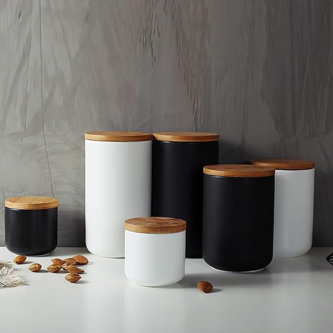 YYW Ceramic Food Storage Jar Canister with Airtight Wooden Lid, Modern Design Food Canisters Loose Tea Coffee Sugar Spice Nuts Snacks Seasonings Storage Jar Caddy (Black 7.03 oz/200 ml)