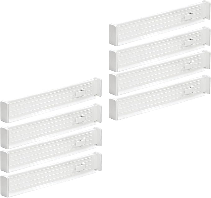 mDesign Expandable Kitchen Drawer Divider with Foam Ends, Adjustable Drawer Dividers with Strong Secure Hold, Dividers Lock in Place to Organize Drawers - Ligne Collection - 8 Pack - White