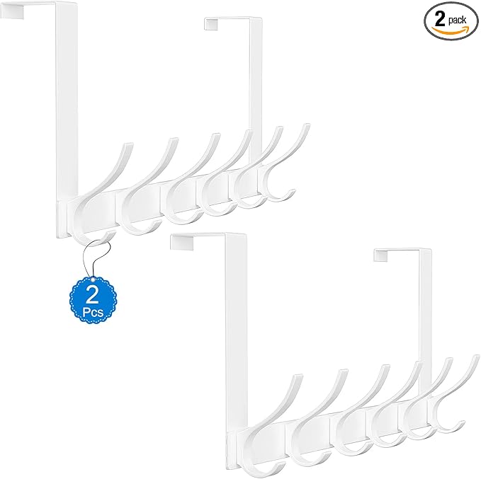 2 Pack Over The Door Hooks, Sturdy Door Hanger, Large Over The Door Towel Rack with 12 Hooks, Heavy Duty Easy to Install, for Bathroom, Bedroom,Kitchen,Hanging Towels, Coats (White)