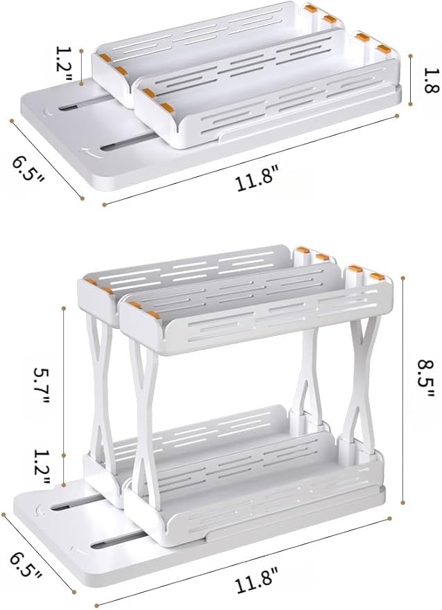 Set of 2 Sliding Spice Rack Organizers - Pull & Rotate Seasoning Storage for Cabinets, Slide-Out 2-Tier Kitchen Shelves with Non-Slip Base (11.8"" D x 6.5"" W x 8.5"" H), General, White