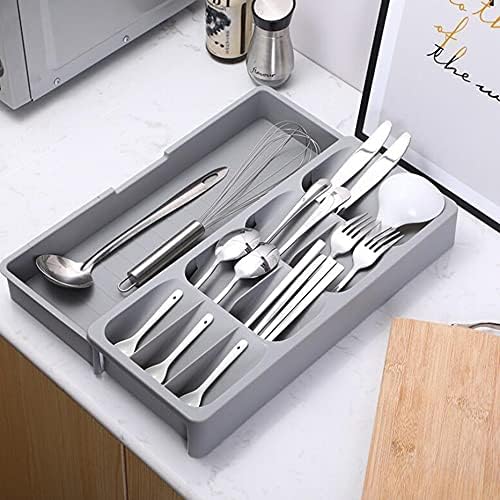 Faridabio Silverware Drawer Organizer Set of 2, Expandable Cutlery Tray for Kitchen, Adjustable Utensil Tray Cutlery Holder, Compact Plastic Storage for Spoons Forks Knives, Grey