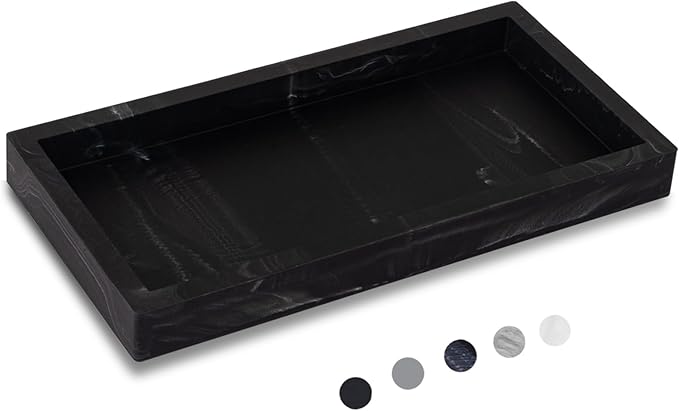 Small Bathroom Vanity Silicone Tray for Counter, Rectangle Dish Soap and Sponge Holder for Kitchen Sink, Perfume Organizer for Dresser, Marble Black