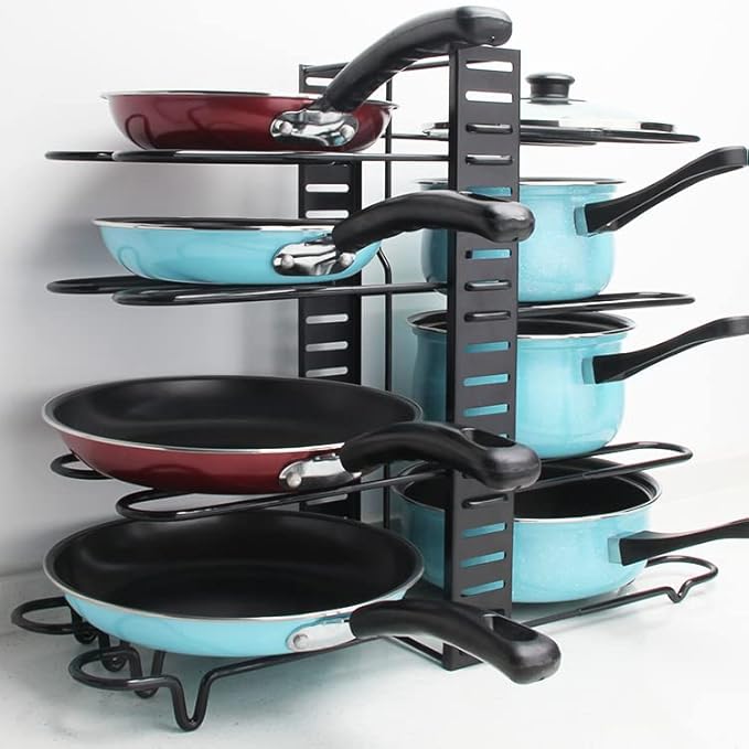 Adjustable Pots and Pans Organizer Rack for Cabinet, Metal Pans Pots Lids Storage Holder Rack with 3 DIY Methods for Kitchen, Counter,Black