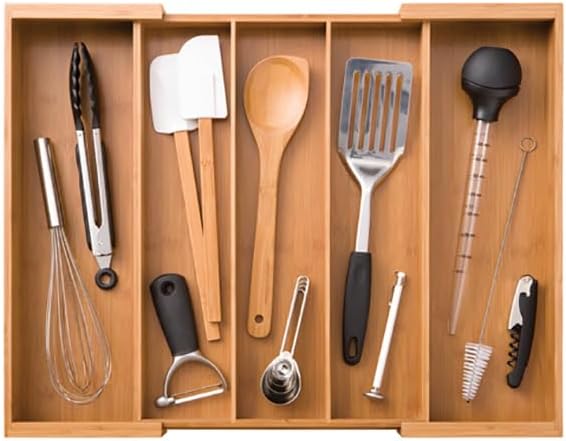 Seville Classics Bamboo Premium Organizer Storage Bins for Kitchen Silverware, Pantry, Closet, Office Desk, Pens, Utensils, Makeup, K Cup, Bamboo, Expandable Tray (5 Compartment)