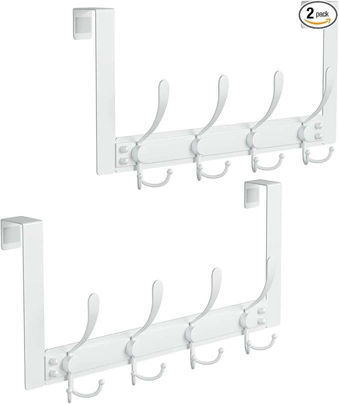 2 Packs Over The Door Hooks with 4 Tri Hooks, Heavy Duty Over Door Hanger for Bathroom Closet Bedroom Kitchen Dorm Room, Towel Coat Rack Home Organizer for Hanging Clothes Coat Hat Jacket (2, White)
