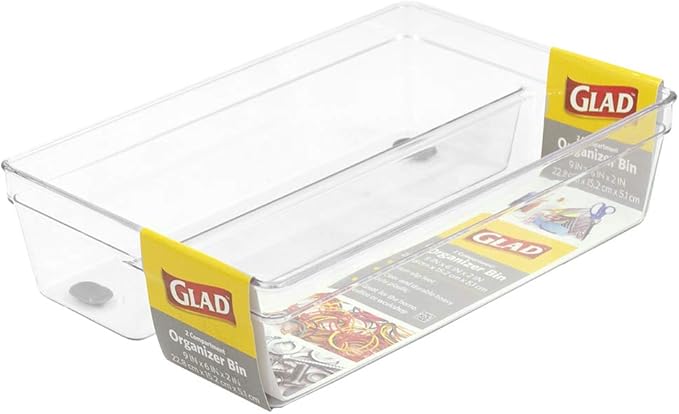Glad Plastic Drawer Storage Tray – Heavy Duty Organizer Bin for Home, Kitchen, Bath, Bedroom, Office | Non-Slip Feet, 2-Compartment, Clear