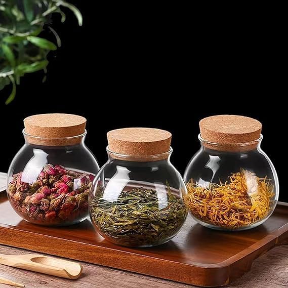 Set of 4 round glass jars with cork lid – 17oz wedding candy jar kitchen jar, perfect for tea, biscuits, cereals, flour, beans, spices, coffee beans etc (4PCS)