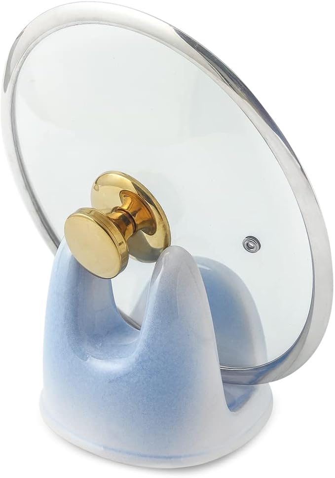 Nihow Pot Lid Holder: Stable Ceramic Pan Lid Holder for Kitchen Counter Decor/Counter top/Stove Top- Heat Resistant & Dishwasher Safe - Elegant White & Blue (1 PC)