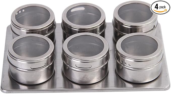 XZJMY Set of 4 Magnetic Spice Tins with Metal Wall-Plates,Stainless Steel Spice Container Storage Box with Transparent Lid for Storing Herbs, Spices and Other Seasonings