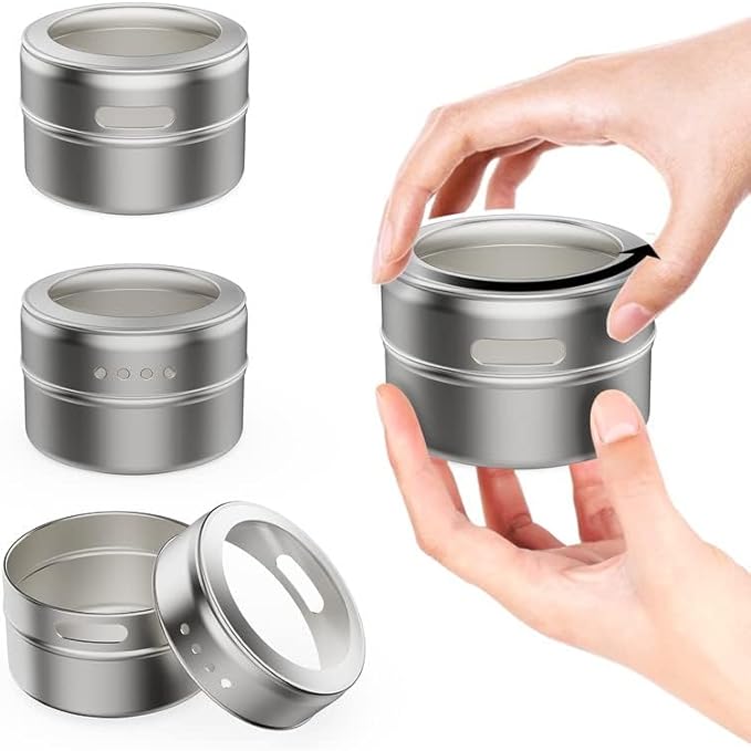 Set of 8 Magnetic Spice Tins with 2 Metal Wall-Plates,100 Preprinted Seasoning Label Stickers,2 Styles for 3 oz Herb Jars