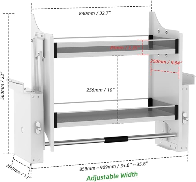 33.8-35.8 Inch Pull Down Shelf Upper Kitchen Wall Cabinet Storage Organizer, Ideal Spice Rack Organizer, White