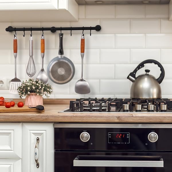 ROTHLEY Hanging Pot Rack Hanger: 23.7 Inch Stainless Steel Pot and Pan Hanger Pot Rack Wall Mounted Hanging Pots and Pans Rack Pot Hangers for Kitchen Wall Kitchen Rail with Hooks(Matt Black)
