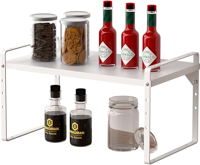 Slideep Expandable Shelf Rack Counter Organizer 16.54'' to 27.17'', 10.24'' Width Stackable Cabinet Shelves Organizer Storage Rack Cupboard Stand Spice Rack for Kitchen Bathroom Pantry -White