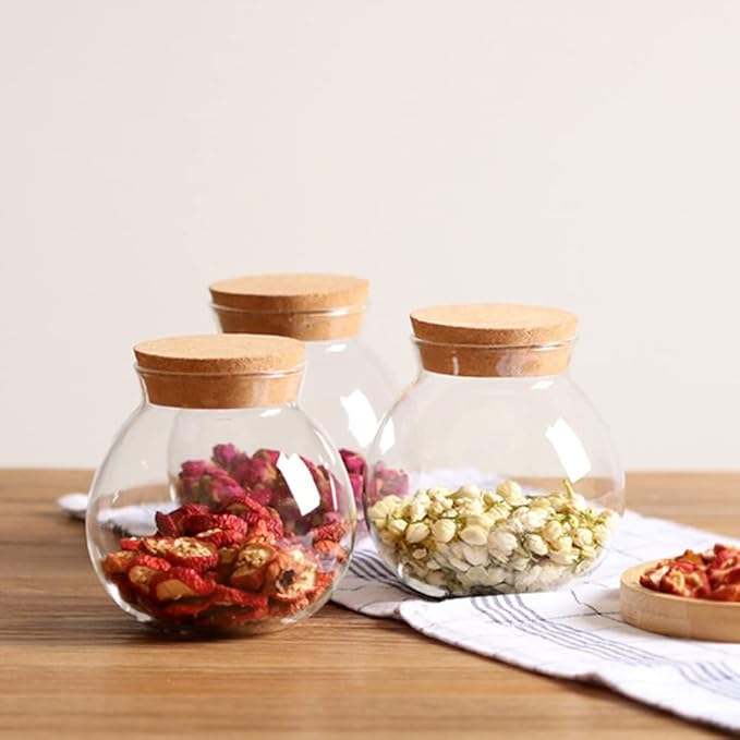 vipolish 1 PC 500ml/17oz Transparent Round Sealed Glass Bottles with Cork Stopper Flower Tea Storage Containers Jars for Candy Cookie Chocolate Beans