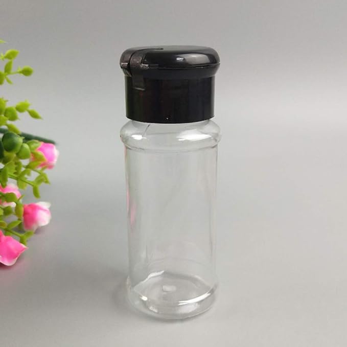 FEOOWV 100 Pcs Empty Plastic Spice Bottles Set for Storing Barbecue Seasoning Salt Pepper and More 75 ml/2.5 oz (Black)