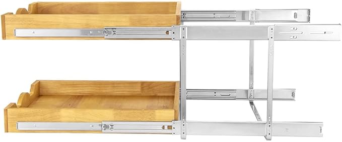 DINDON 2 Tier Pull Out Cabinet Organizer (14" W x 21" D) Double Tier Slide Out Wood Drawer Under Cabinet Storage And Organization