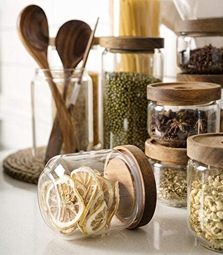 250ML 8.5OZ Glass Storage Container jars with Sealed Wooden Lids Glass Canister Kitchen Food Storage Containers for Coffee Beans Loose Tea Leaves Nuts Sugar Candy Spice Cookies