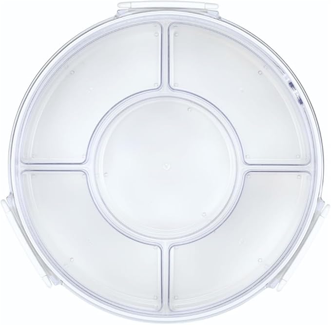 Gourmet Palette Airtight 5-Compartment Round Serving Tray with Lid, Portable Snackle Platter, Charcuterie Organizer Box, Removable Dividers for Fruit, Veggies, Snacks, Appetizers and More