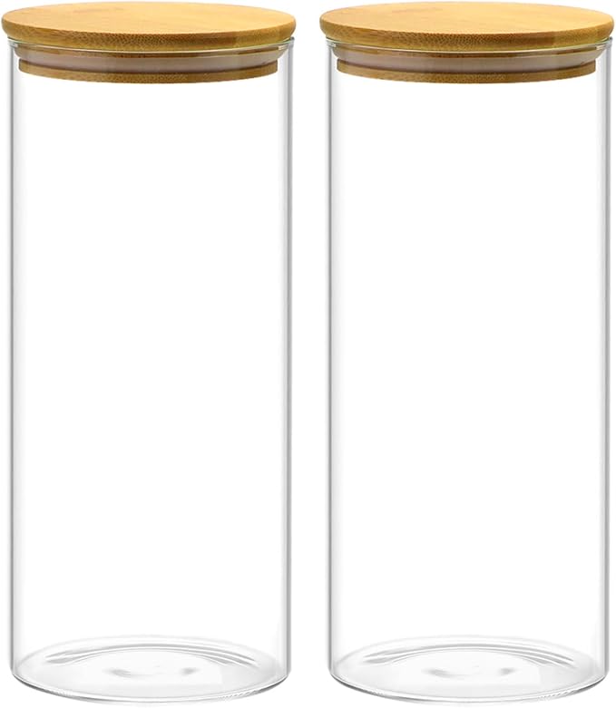 QWORK Glass Coffee Bean Container, 52.36 FL OZ (1550 ML) Clear Canister, 2 Pack Thickened Borosilicate Glass Food Storage Jar with Airtight Bamboo Lid for Coffee, Tea, Spices